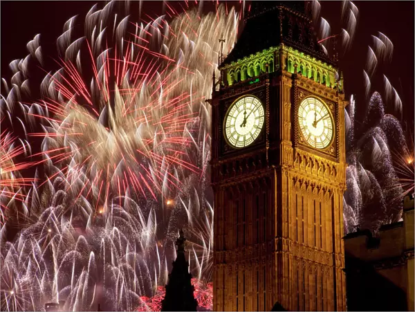 New Year fireworks and Big Ben, Westminster, London, England, United Kingdom, Europe