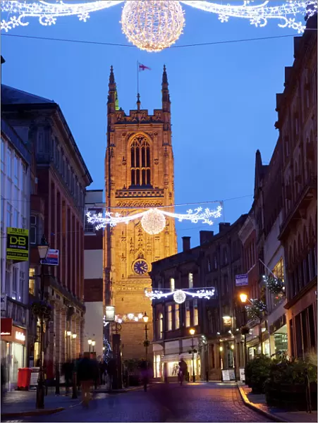 Christmas lights and Cathedral at dusk, Derby, Derbyshire, England, United Kingdom