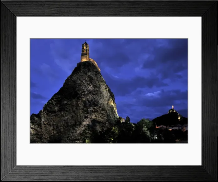 Framed Print : Night view of floodlit Saint Michel d Aiguilhe Chapel, situated on the top of volcanic rock Framed Print : Night view of floodlit Saint Michel d Aiguilhe Chapel, situated on the top of volcanic rock