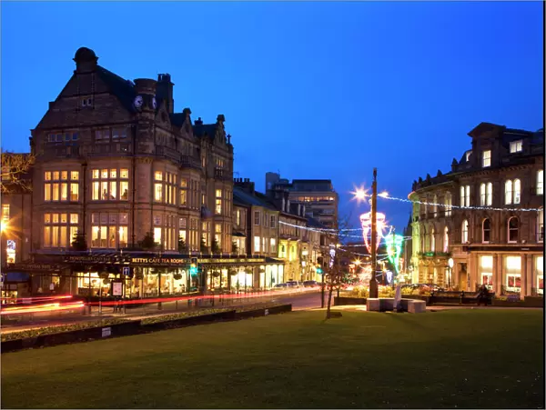 Bettys and Parliament Street at dusk, Harrogate, North Yorkshire, Yorkshire