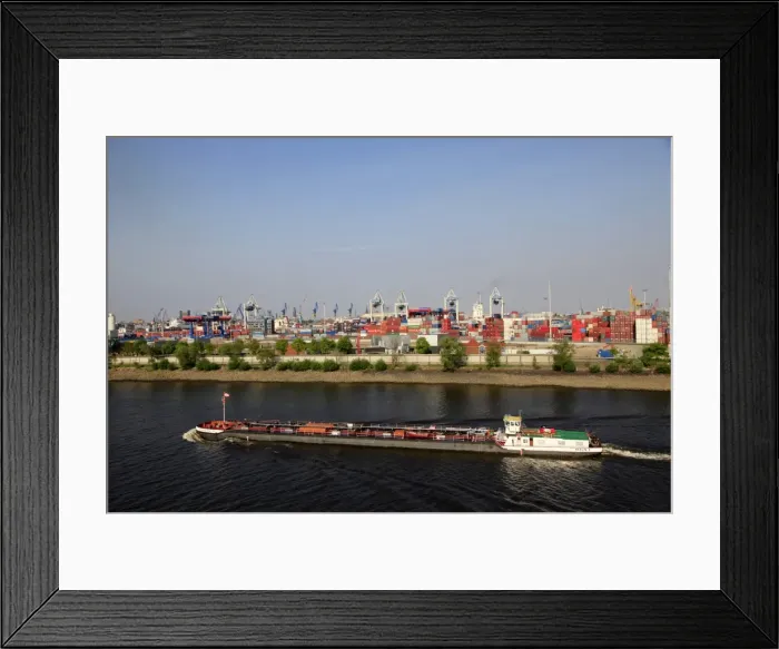 Framed Print : Barge and port, Hamburg, Germany, Europe Framed Print : Barge and port, Hamburg, Germany, Europe