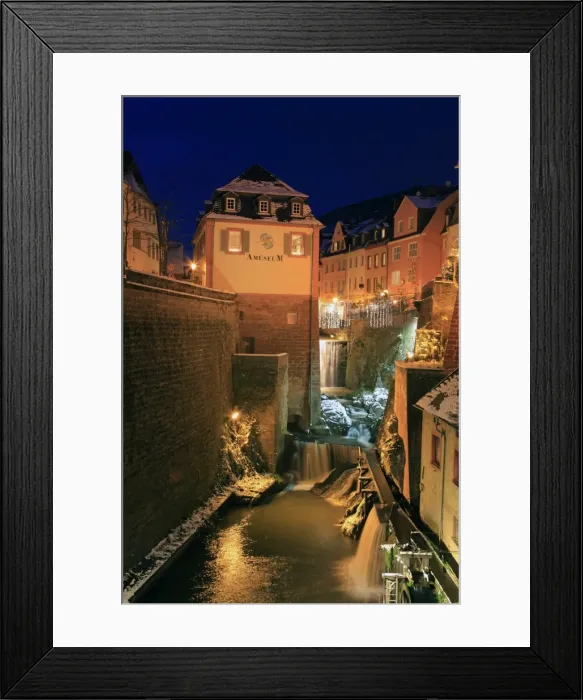 Framed Print : Old town and waterfall on River Leuk, Saarburg, Saar Valley, Rhineland-Palatinate