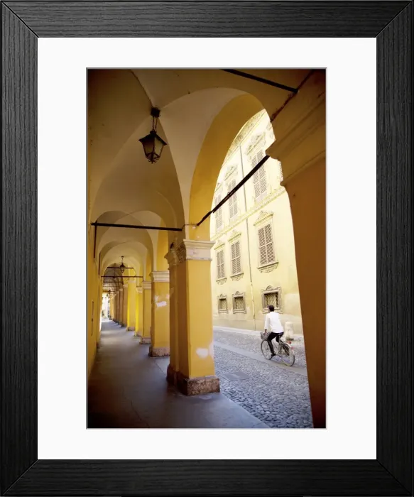 Framed Print : Arcade and cyclist, Modena, Emilia Romagna, Italy, Europe Framed Print : Arcade and cyclist, Modena, Emilia Romagna, Italy, Europe