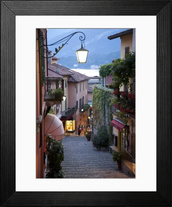 Framed Print : Shopping street at dusk, Bellagio, Lake Como, Lombardy, Italy, Europe Framed Print : Shopping street at dusk, Bellagio, Lake Como, Lombardy, Italy, Europe