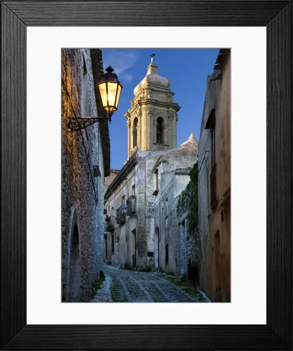 Framed Print : Cobbled alleyway at dusk, Erice, Sicily, Italy, Europe Framed Print : Cobbled alleyway at dusk, Erice, Sicily, Italy, Europe