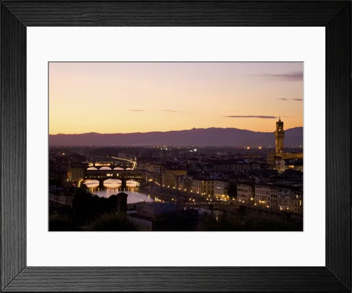 Framed Print : View of Ponte Vecchio, River Arno and Palazzo Vecchio in evening light from Piazzale Michelangelo Framed Print : View of Ponte Vecchio, River Arno and Palazzo Vecchio in evening light from Piazzale Michelangelo