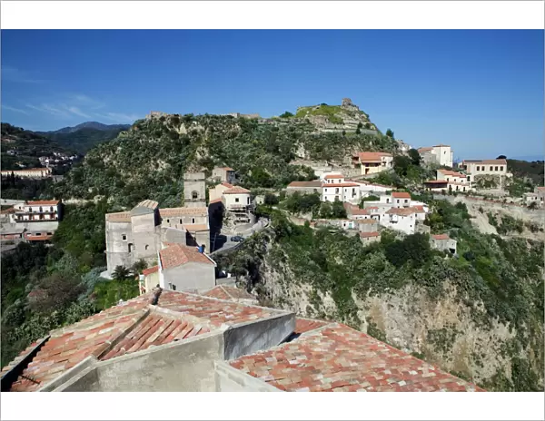 View over village used as set for filming The Godfather, Savoca, Sicily, Italy, Europe