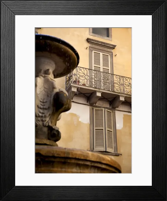 Framed Print : Shuttered windows and fountain, Bergamo, Lombardy, Italy, Europe Framed Print : Shuttered windows and fountain, Bergamo, Lombardy, Italy, Europe
