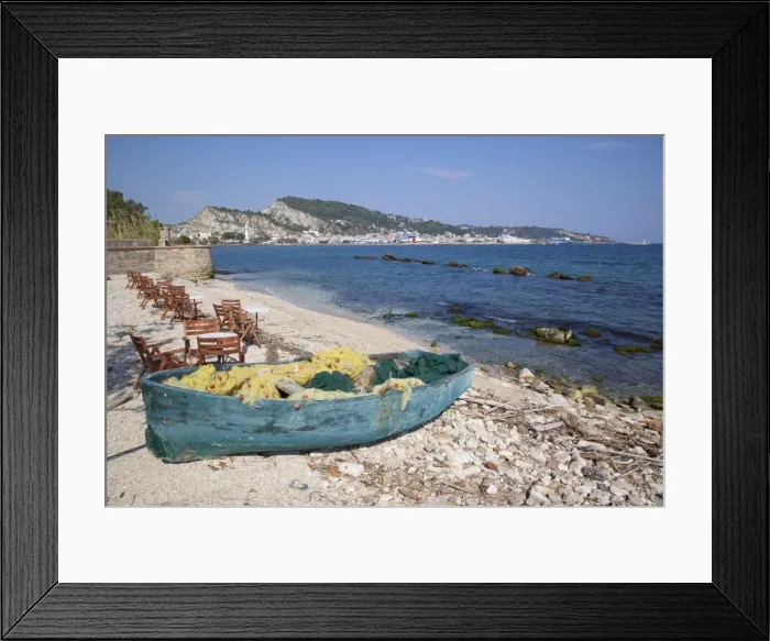 Framed Print : Fishing boat and town, Zakynthos Town, Zakynthos, Ionian Islands, Greek Islands