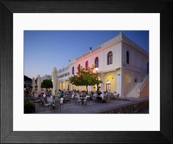 Framed Print : Restaurant at dusk, Solomos Square, Zakynthos Town, Zakynthos, Ionian Islands