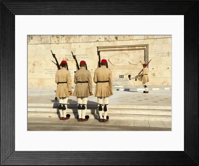 Framed Print : Evzone, Greek guards during the changing of the guard ceremony, Syntagma Square