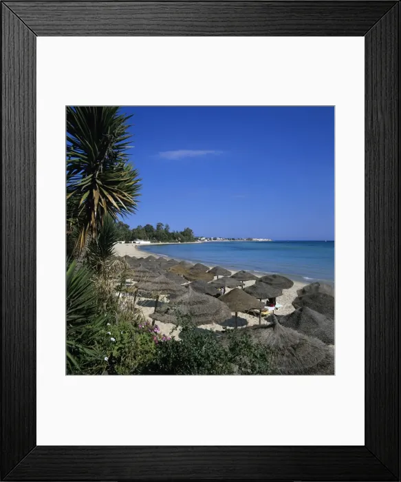 Framed Print : View along beach to the medina from the Sindbad Hotel, Hammamet, Cap Bon