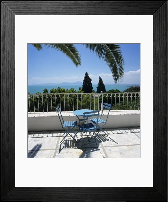 Framed Print : View over Bay of Tunis from terrace of Dar Said Hotel, Sidi Bou Said, Tunisia Framed Print : View over Bay of Tunis from terrace of Dar Said Hotel, Sidi Bou Said, Tunisia