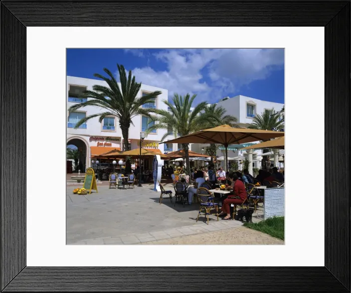 Framed Print : Cafe scene at the marina, Yasmine Hammamet, Cap Bon, Tunisia, North Africa, Africa