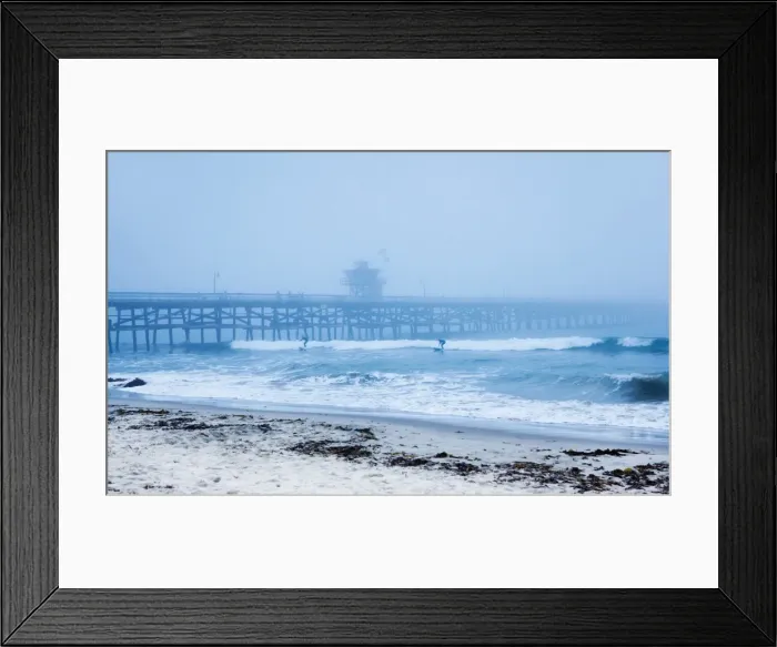 Framed Print : San Clemente pier with surfers on a foggy day, California, United States of America, North America