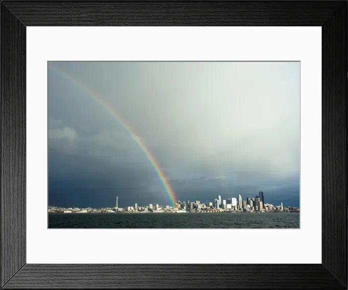 Framed Print : A rainbow lands on a Washington State Ferry in the Puget Sound with the Seattle skyline in the background, Seattle, Washington, United States of America, North America Framed Print : A rainbow lands on a Washington State Ferry in the Puget Sound with the Seattle skyline in the background, Seattle, Washington, United States of America, North America