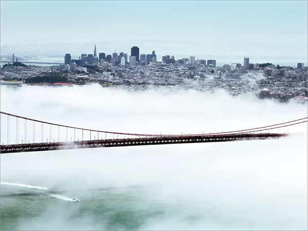 Golden Gate Bridge and the San Francisco skyline floating above the fog on a foggy day in San Francisco, California, United States of America, North America