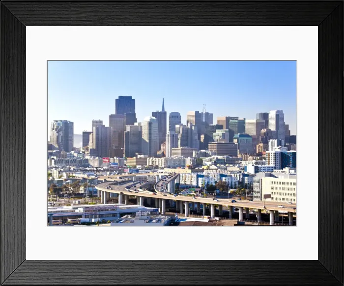 Framed Print : San Francisco skyline seen from Protero Hill neighborhood with traffic on the Highway, San Francisco, California, United States of America, North America Framed Print : San Francisco skyline seen from Protero Hill neighborhood with traffic on the Highway, San Francisco, California, United States of America, North America