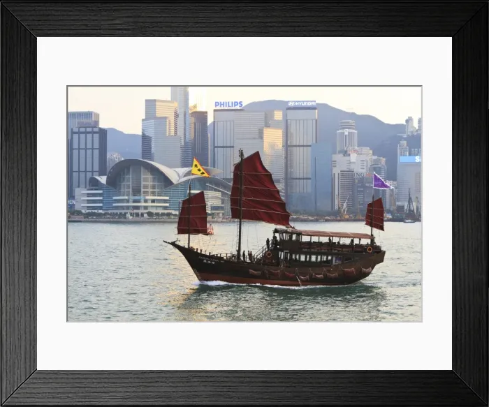 Framed Print : Chinese junk boat sails on Victoria Harbour, Hong Kong, China, Asia Framed Print : Chinese junk boat sails on Victoria Harbour, Hong Kong, China, Asia