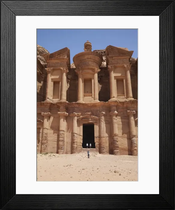 Framed Print : Tourists being photographed at the facade of the Monastery carved into the red rock at Petra, UNESCO World Heritage Site, Jordan, Middle East Framed Print : Tourists being photographed at the facade of the Monastery carved into the red rock at Petra, UNESCO World Heritage Site, Jordan, Middle East