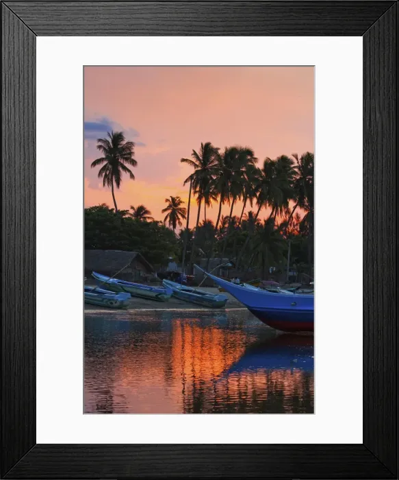 Framed Print : Boats and palm trees at sunset at this fishing beach and popular tourist surf spot, Arugam Bay, Eastern Province, Sri Lanka, Asia Framed Print : Boats and palm trees at sunset at this fishing beach and popular tourist surf spot, Arugam Bay, Eastern Province, Sri Lanka, Asia