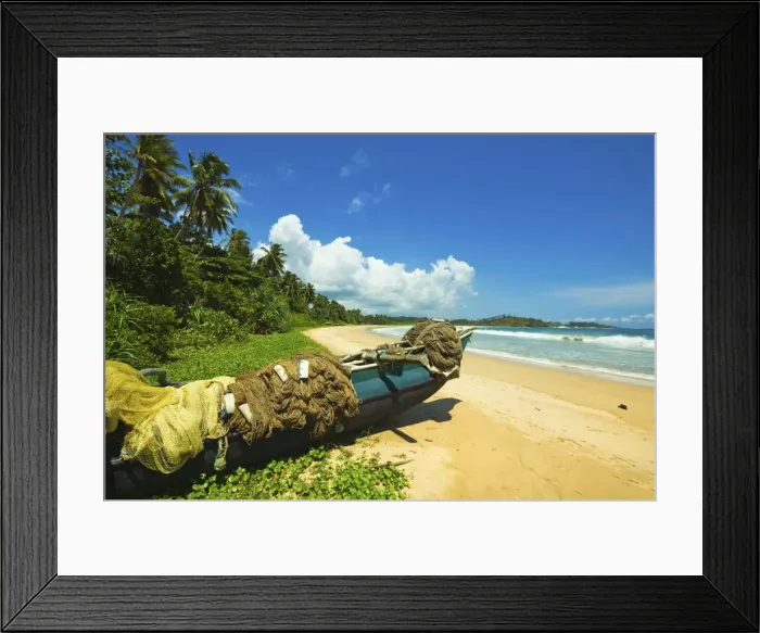 Framed Print : Outrigger fishing boat and nets at this quiet south coast retreat beach, Talalla, near Matara, Southern Province, Sri Lanka, Asia Framed Print : Outrigger fishing boat and nets at this quiet south coast retreat beach, Talalla, near Matara, Southern Province, Sri Lanka, Asia