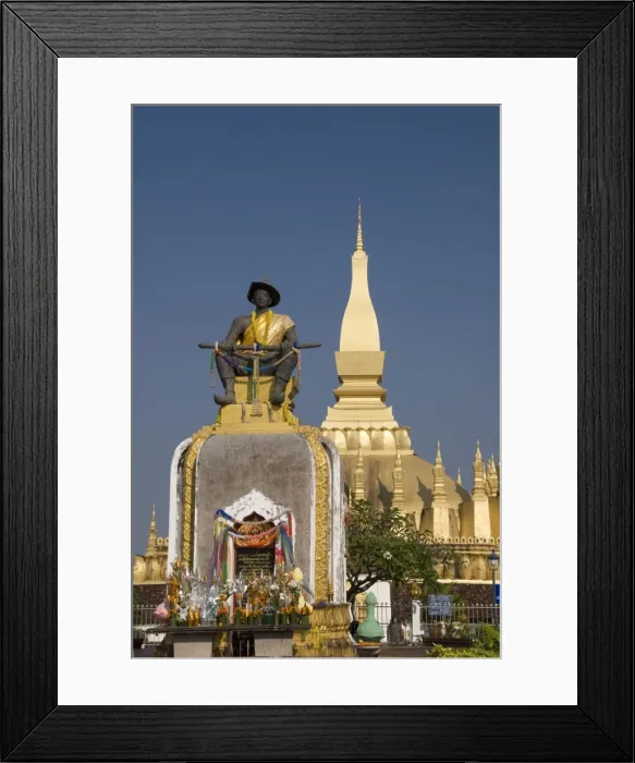 Framed Print : Statue of King Setthathirat with Pha That Luang in the background, Vientiane, Laos, Indochina, Southeast Asia, Asia Framed Print : Statue of King Setthathirat with Pha That Luang in the background, Vientiane, Laos, Indochina, Southeast Asia, Asia