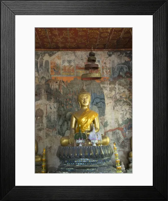 Framed Print : Seated Buddha statue with murals in the background, Wat Pak Huak, Luang Prabang, Laos, Indochina, Southeast Asia, Asia Framed Print : Seated Buddha statue with murals in the background, Wat Pak Huak, Luang Prabang, Laos, Indochina, Southeast Asia, Asia