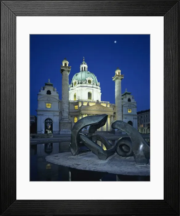 Framed Print : Karlskirche at night with Henry Moore sculpture in foreground, Vienna, Austria, Europe Framed Print : Karlskirche at night with Henry Moore sculpture in foreground, Vienna, Austria, Europe