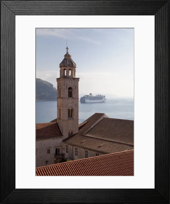 Framed Print : The tower of Dominican Monastery with cruise ship, from Dubrovnik Old Town walls, Dubrovnik, Croatia, Europe Framed Print : The tower of Dominican Monastery with cruise ship, from Dubrovnik Old Town walls, Dubrovnik, Croatia, Europe
