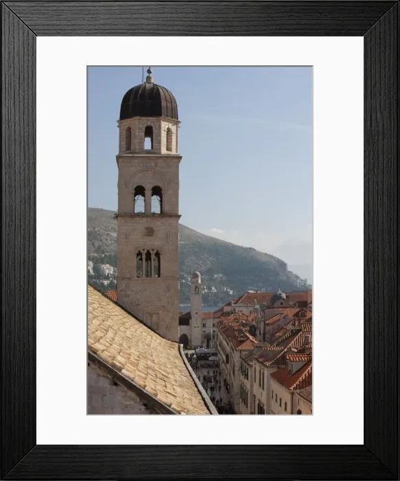Framed Print : Bell tower of Franciscan Monastery and rooftops from Dubrovnik Old Town walls, UNESCO World Heritage Site, Dubrovnik, Croatia, Europe Framed Print : Bell tower of Franciscan Monastery and rooftops from Dubrovnik Old Town walls, UNESCO World Heritage Site, Dubrovnik, Croatia, Europe