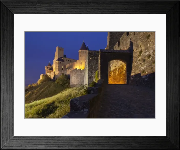 Framed Print : Dusk at the entrance to La Cite in Carcassonne, UNESCO World Heritage Site, Languedoc-Roussillon, France, Europe Framed Print : Dusk at the entrance to La Cite in Carcassonne, UNESCO World Heritage Site, Languedoc-Roussillon, France, Europe