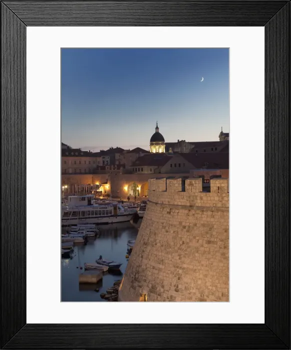 Framed Print : Dubrovnik Old Town port with the dome of the Cathedral illuminated at dusk, UNESCO World Heritage Site, Dubrovnik, Croatia, Europe Framed Print : Dubrovnik Old Town port with the dome of the Cathedral illuminated at dusk, UNESCO World Heritage Site, Dubrovnik, Croatia, Europe