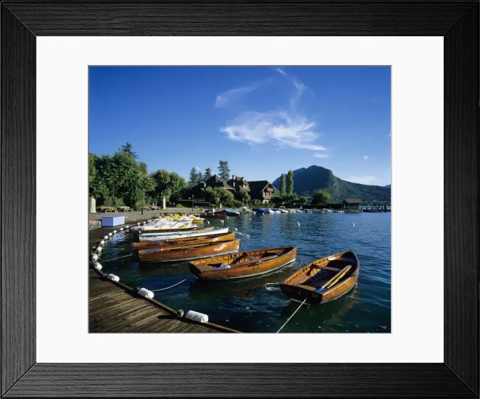 Framed Print : Rowing boats along lake shore, Talloires, Lake Annecy, Rhone Alpes, France, Europe Framed Print : Rowing boats along lake shore, Talloires, Lake Annecy, Rhone Alpes, France, Europe
