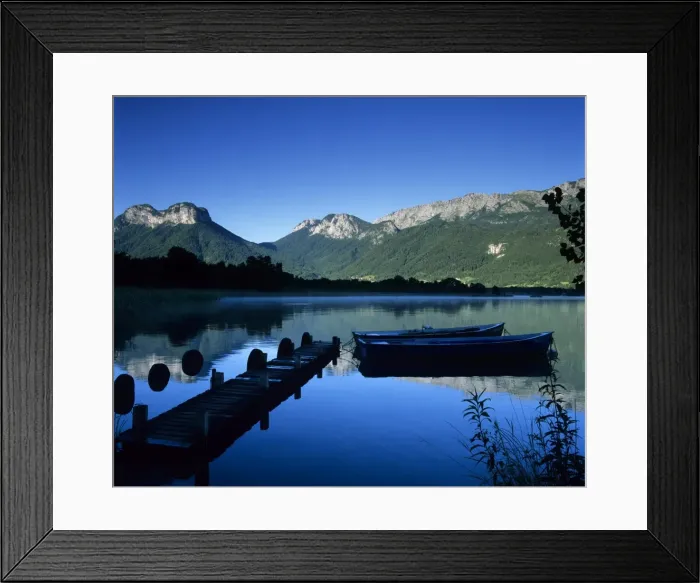 Framed Print : Silhouette of pier and rowing boats, Lake Annecy, Rhone Alpes, France, Europe Framed Print : Silhouette of pier and rowing boats, Lake Annecy, Rhone Alpes, France, Europe