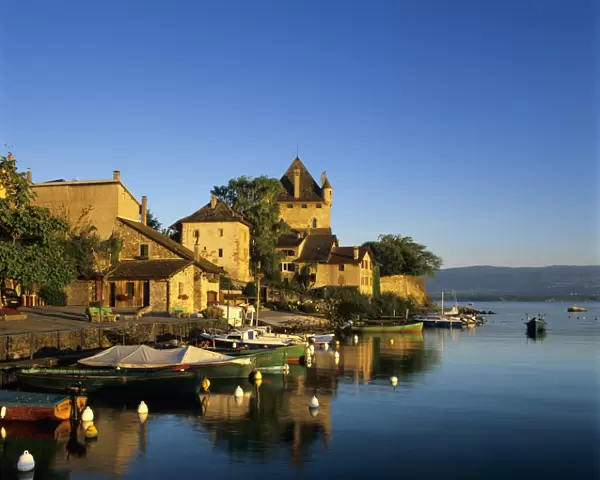 View of harbour at sunrise, Yvoire, Lake Geneva (Lac Leman), Rhone Alpes, France, Europe