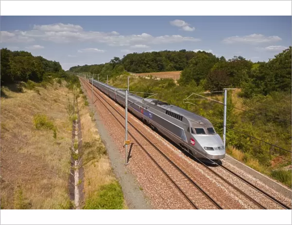 A TGV train speeds through the French countryside near to Tours, Indre-et-Loire, Centre, France, Europe