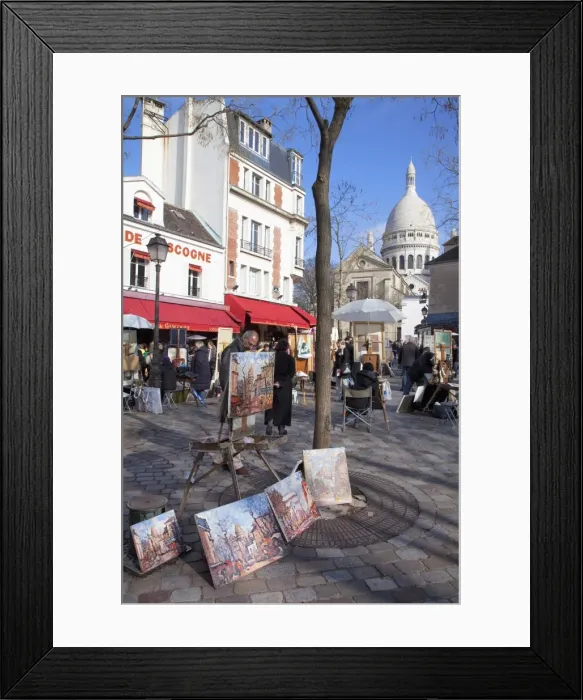 Framed Print : Paintings for sale in the Place du Tertre with Sacre Coeur Basilica in distance, Montmartre, Paris, France, Europe