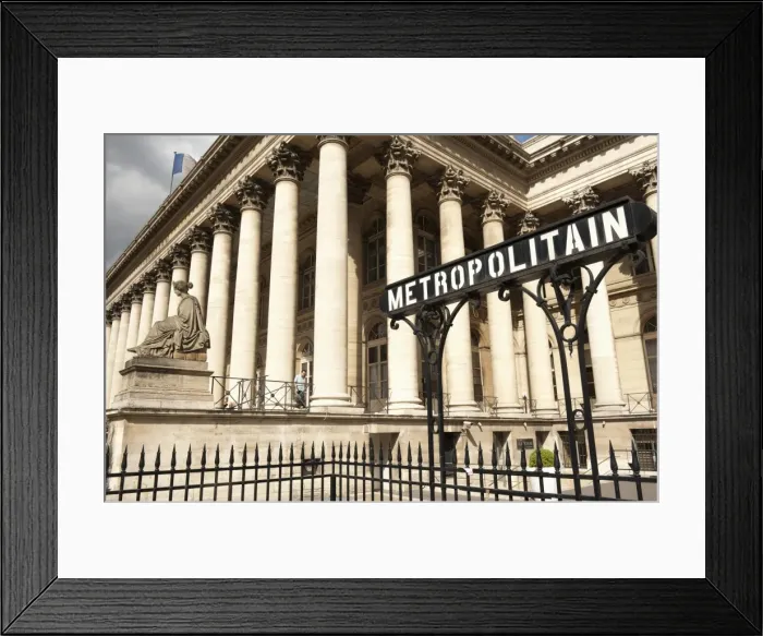 Framed Print : Stock Exchange (La Bourse) and Metropolitain sign at entrance to metro, Place de la Bourse, Paris, France, Europe Framed Print : Stock Exchange (La Bourse) and Metropolitain sign at entrance to metro, Place de la Bourse, Paris, France, Europe