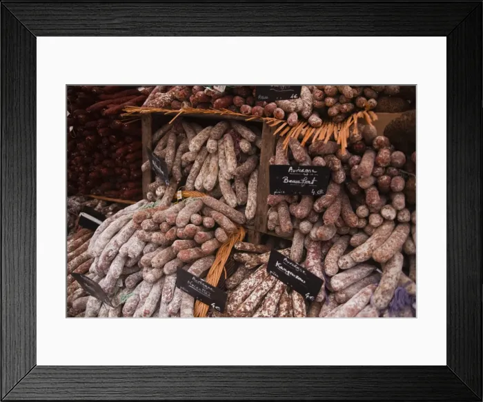 Framed Print : Sausages and saucisson on sale at market in Tours, Indre-et-Loire, Centre, France, Europe Framed Print : Sausages and saucisson on sale at market in Tours, Indre-et-Loire, Centre, France, Europe