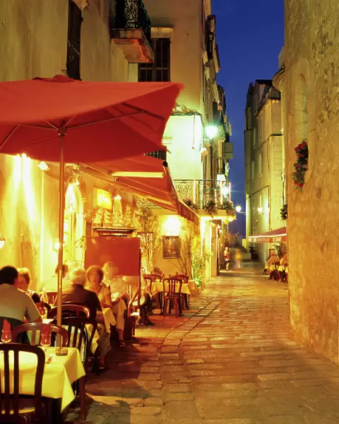 Evening restaurant scene in Haute Ville, Bonifacio, South Corsica, Corsica, France, Europe