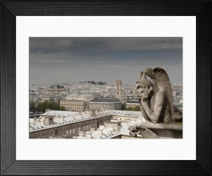 Framed Print : Gargoyle of Gothic Notre Dame Cathedral and the Right Bank with Basilica of Sacre Coeur, Paris, France, Europe Framed Print : Gargoyle of Gothic Notre Dame Cathedral and the Right Bank with Basilica of Sacre Coeur, Paris, France, Europe