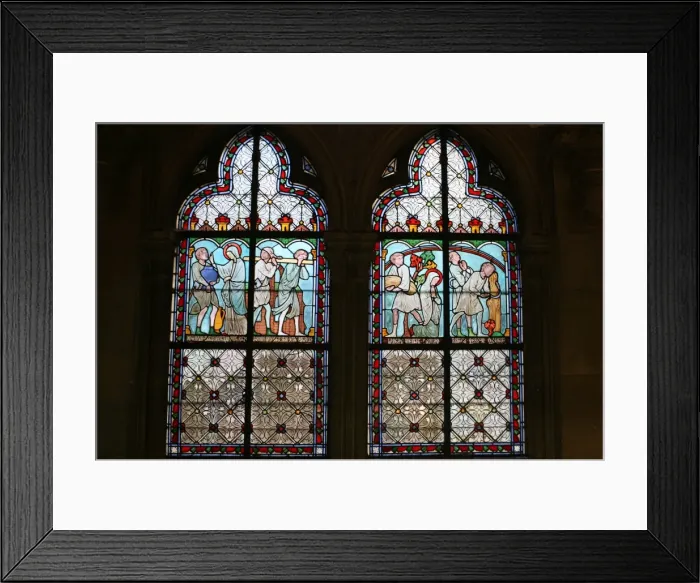 Framed Print : Stained glass depicting Sainte Genevieves life, cloister of Notre-Dame de Paris cathedral, Paris, France, Europe Framed Print : Stained glass depicting Sainte Genevieves life, cloister of Notre-Dame de Paris cathedral, Paris, France, Europe