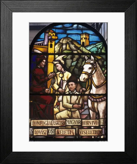 Framed Print : Stained-glass window depicting Magyar leaders in the Postal Museum (Postamuzeum), Budapest, Hungary, Europe Framed Print : Stained-glass window depicting Magyar leaders in the Postal Museum (Postamuzeum), Budapest, Hungary, Europe