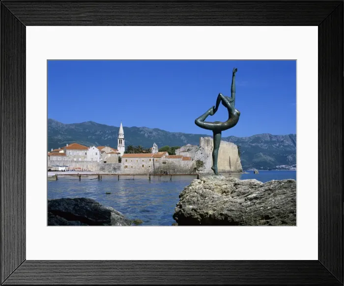 Framed Print : Statue and view of Old Town, Budva, The Budva Riviera, Montenegro, Europe Framed Print : Statue and view of Old Town, Budva, The Budva Riviera, Montenegro, Europe