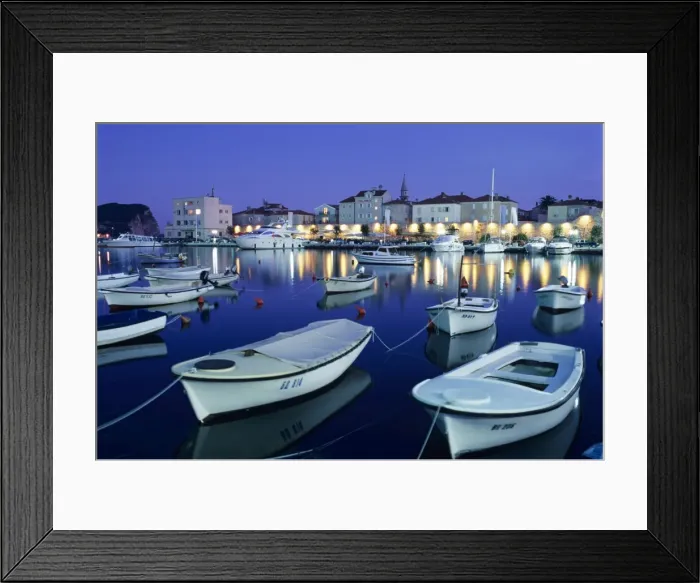 Framed Print : Harbour and old town at dusk, Budva, The Budva Riviera, Montenegro, Europe Framed Print : Harbour and old town at dusk, Budva, The Budva Riviera, Montenegro, Europe