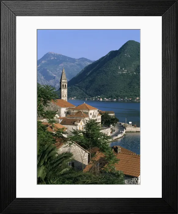 Framed Print : View over village with the church of St. Nikola belfry, Perast, The Boka Kotorska (Bay of Kotor), UNESCO World Heritage Site, Montenegro, Europe Framed Print : View over village with the church of St. Nikola belfry, Perast, The Boka Kotorska (Bay of Kotor), UNESCO World Heritage Site, Montenegro, Europe
