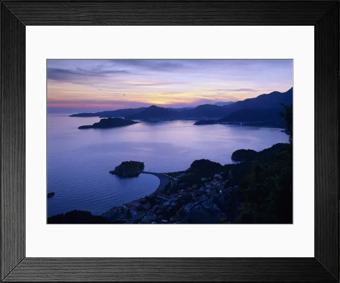 Framed Print : Sunset over Sveti Stefan and bay, Sveti Stefan, The Budva Riviera, Montenegro, Europe Framed Print : Sunset over Sveti Stefan and bay, Sveti Stefan, The Budva Riviera, Montenegro, Europe