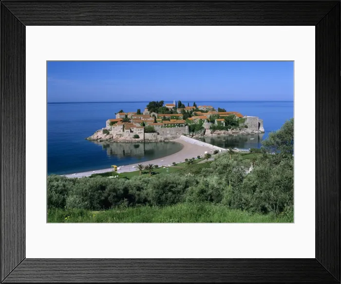 Framed Print : View of island and beach, Sveti Stefan, The Budva Riviera, Montenegro, Europe Framed Print : View of island and beach, Sveti Stefan, The Budva Riviera, Montenegro, Europe