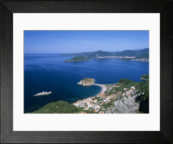Framed Print : View over bay, Sveti Stefan, The Budva Riviera, Montenegro, Europe Framed Print : View over bay, Sveti Stefan, The Budva Riviera, Montenegro, Europe
